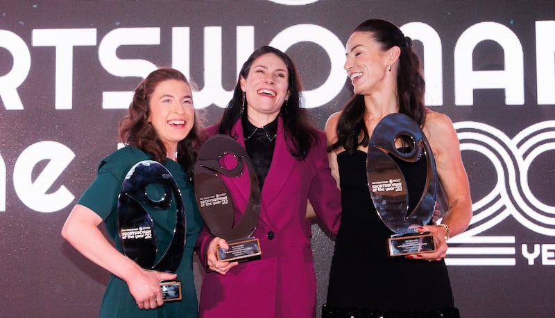 Irish Times Sportswoman of the Year Awards 2024, Dublin 20/12/2024 
Winners of the Irish Times Sportswoman of the Year 2024 Team of the Year Award winners Linda Kelly, Katie-George Dunlevy and Eve McCrystal 
Mandatory Credit ©INPHO/Tom Maher 