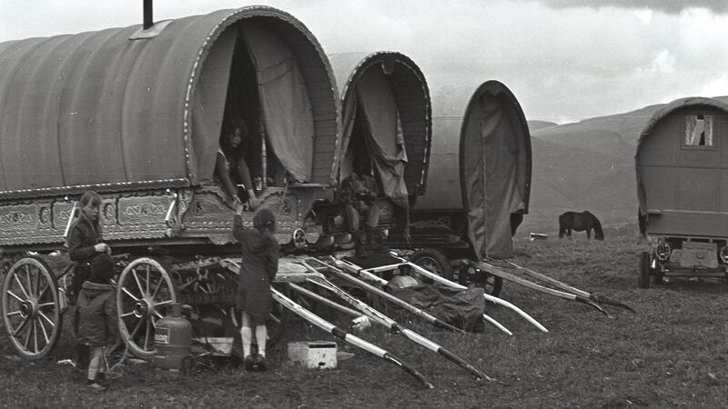 Archive photograph of traditional Travellers’ caravans. Photograph: National Folklore Collection, UCD