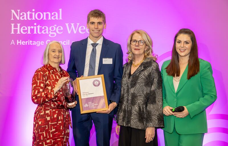 Michael Officer accepts the Sustainability and Climate Award 2024 on behalf of Cuan Beo from Heritage Council chief executive Virginia Teehan, council chairperson Dr Martina Moloney and National Heritage Week Awards ceremony MC Síle Seoige