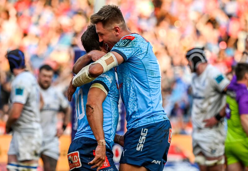 Bulls' Johan Goosen and David Kriel celebrate the victory over Leinster at Loftus Versfeld Stadium. Photograph: Deon van der Merwe/Steve Haag Sports/Inpho 