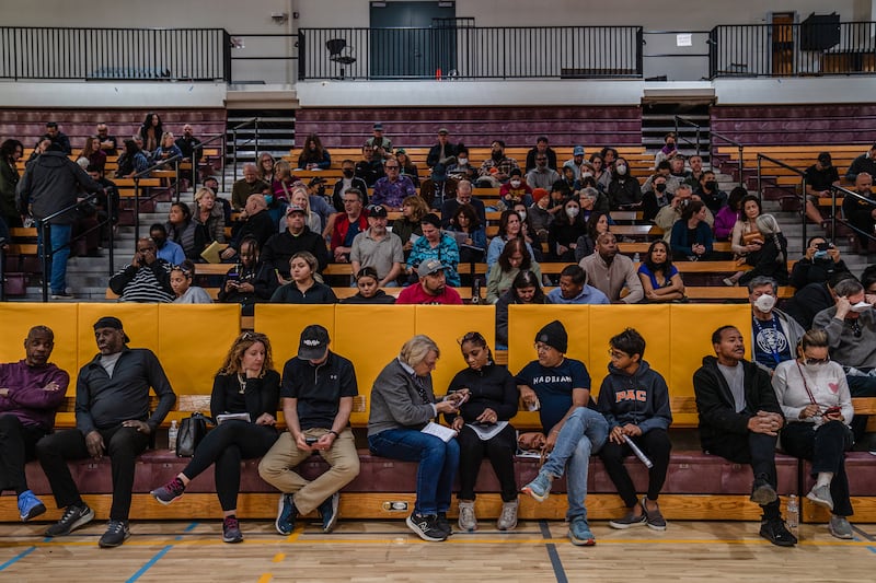 The community meeting at Pasadena City College. Photograph: Ariana Drehsler/The New York Times
                      