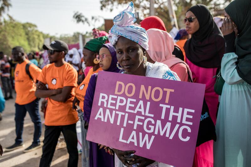 Anti-FGM protesters outside the national assembly in Banjul. Photograph: Muhamadou Bittaye/AFP via Getty Images