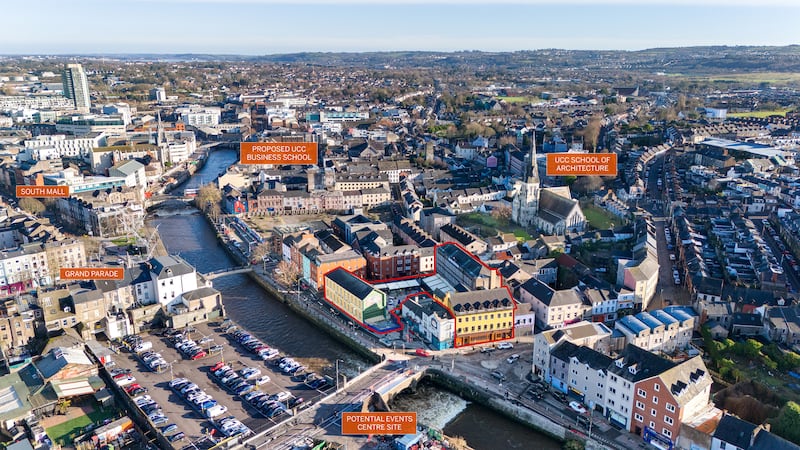 An aerial view shows the Flying Enterprise's location in Cork city