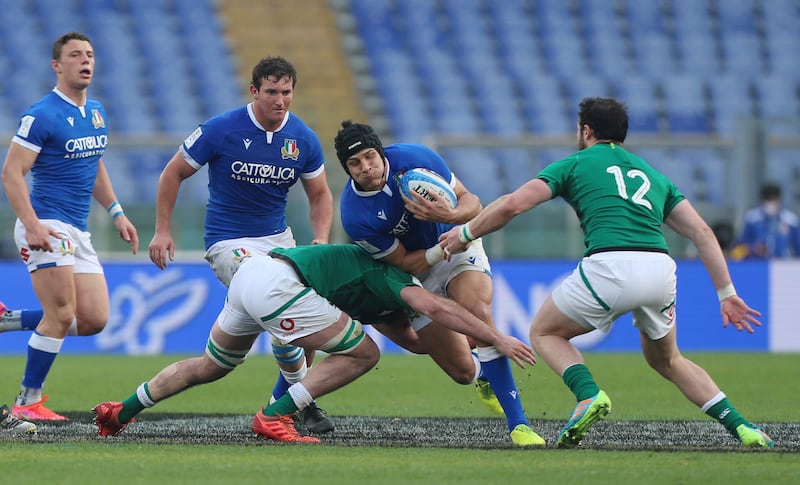 Juan Ignacio Brex of Italy is tackled by  Ireland's Will Connors and Robbie Henshaw in the 2021 Six Nations. Photograph: Paolo Bruno/Getty Images