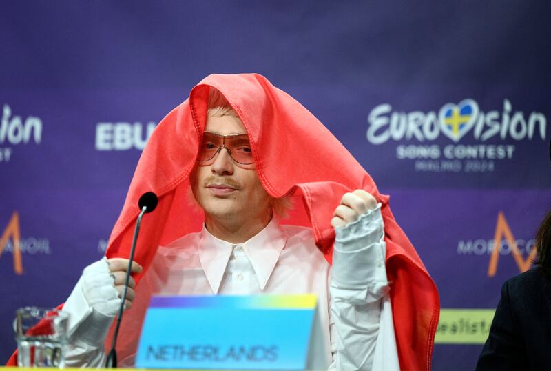 Joost Klein, representing the Netherlands, during a press conference after the second semi-final of the Eurovision Song Contest at the Malmo Arena in Sweden. Photograph: Jessica Gow/TT News Agency via AP