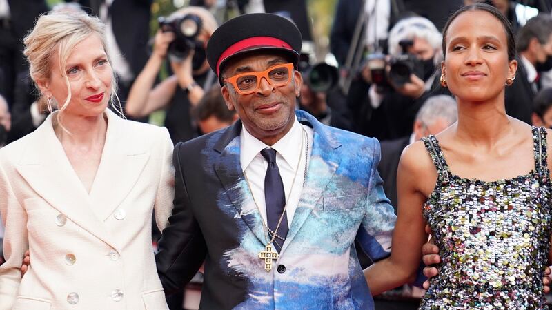 Jury president Spike Lee, centre, poses with jury members Jessica Hausner (left), and Mati Diop upon arrival at the awards ceremony at the 74th international film festival, Cannes, southern France, on Saturday. Photograph: Brynn Anderson/AP Photo