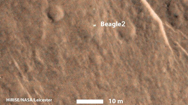 The Beagle 2 probe has not been seen or heard from since December 2003 and had been presumed destroyed. But UK Space Agency chief executive David Parker said today that high resolution pictures taken by Nasa’s Mars Reconnaissance Orbiter spacecraft showed it actually successfully landed 12 years ago. Photograph: UK Space Agency/PA