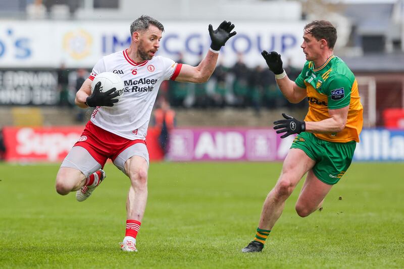 Mattie Donnelly and Ciaran Thompson in Donegal vs Tyrone at Celtic Park. Photograph: Lorcan Doherty/Inpho