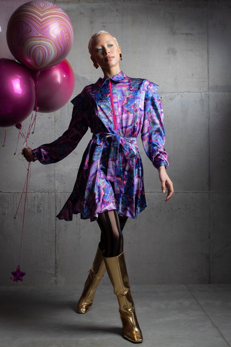 Ziggy dress in purple wave print silk satin stretch for €895