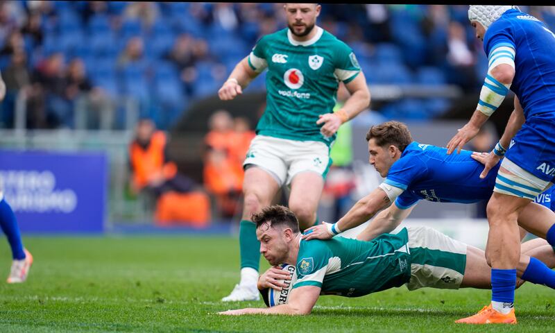 Ireland's Hugo Keenan scores a try against Italy in what could be construed as classic use of the scrum as an attacking platform. Photograph: Matteo Ciambelli/Inpho