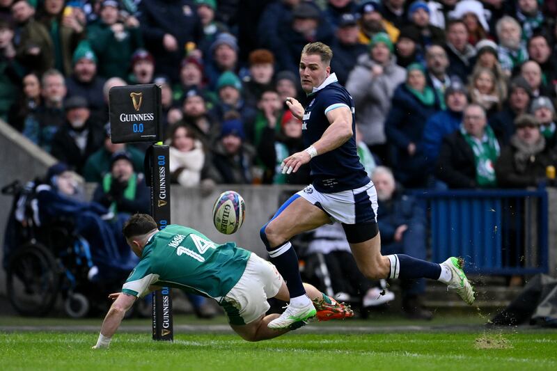 Ireland's Calvin Nash falls to the grass after being 'bullied' by Scotland Duhan van der Merwe during last Sunday's Six Nations match. Photograph: Stu Forster/Getty Images