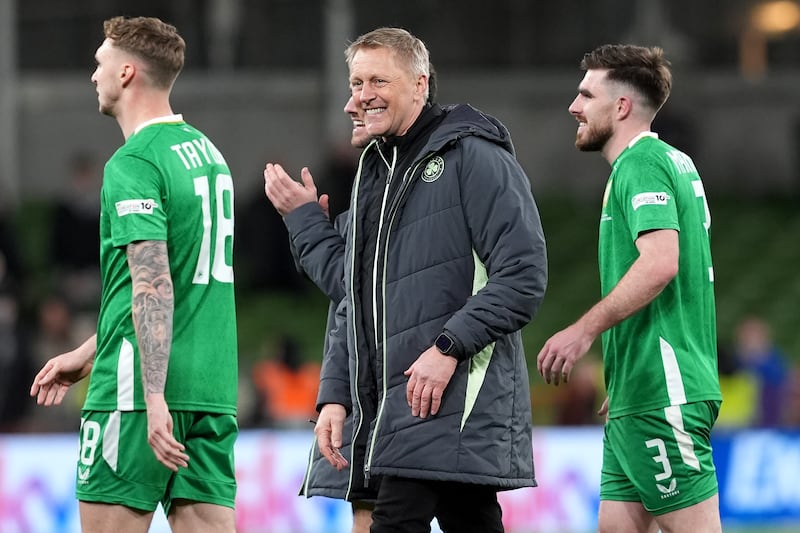 Republic of Ireland head coach Heimir Hallgrimsson (centre) and players celebrate following victory. Photograph: Brian Lawless/PA Wire