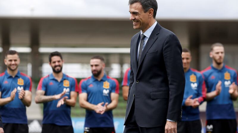 New Spanish prime minister Pedro Sánchez visits Spain’s national soccer team players during a World Cup training session at Las Rozas sports facilities in Madrid, Spain,  June 5th, 2018. Photograph: Javier Lizon/EPA