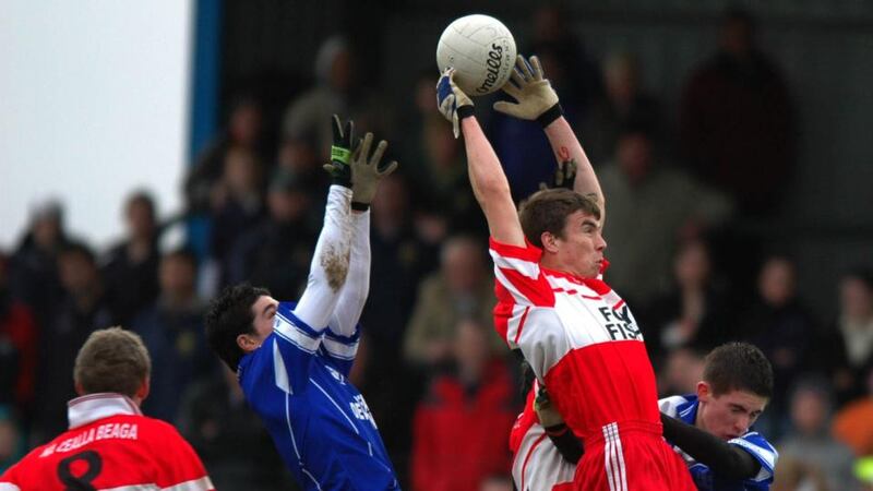 Seamus Coleman’s competitive instinct was forged on the playing fields of the north west, with a young Coleman in the colours of Killybegs soaring over his rivals in the 2006 Donegal under-21 football championship. Photograph courtesy of Donegal Democrat