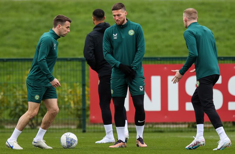 Séamus Coleman, Matt Doherty and James McClean train ahead of Ireland's game against France. Photograph: INPHO/Ryan Byrne