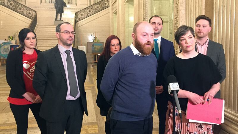 Campaigners from Love Equality NI at  Stormont on Tuesday as the activist group spearheading the campaign for same-sex marriage in Northern Ireland  met the DUP  for the first time.  Photograph: David Young/PA Wire