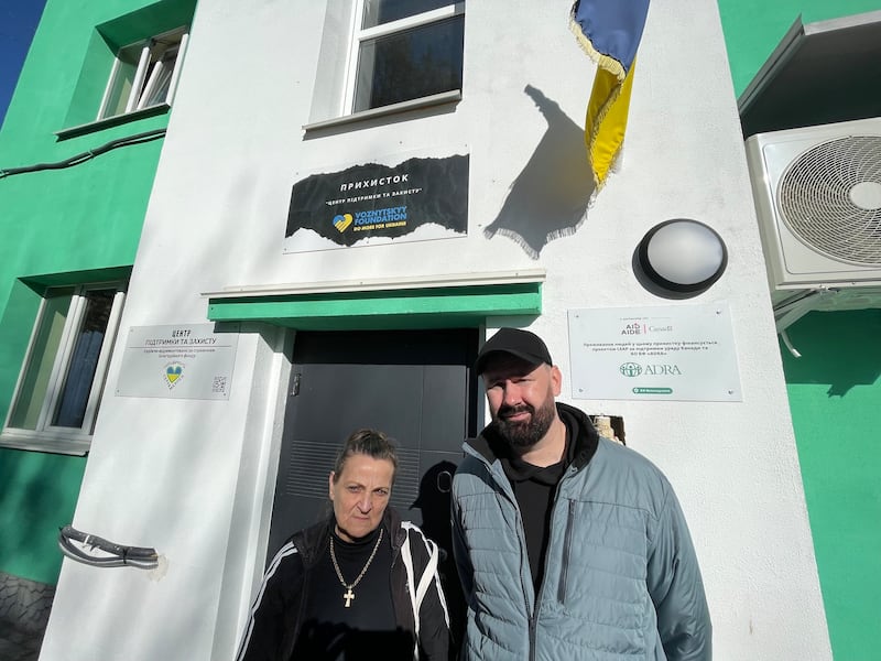 Andriy Khozhev and Raisa Ilchyk at the Centre for Support and Protection shelter in Lviv in western Ukraine. Both are from the Donetsk region of eastern Ukraine. Khozhev runs the shelter and Ilchyk lives there along with other people displaced by Russia's invasion. Photograph: Daniel McLaughlin