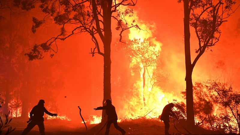 Firefighters work to contain a fire as it encroaches on properties near Termeil, New South Wales on Tuesday. Photograph: EPA