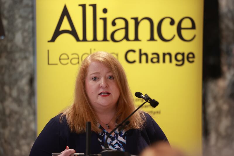 Alliance leader Naomi Long during the party's manifesto launch. Photograph: Liam McBurney/PA Wire