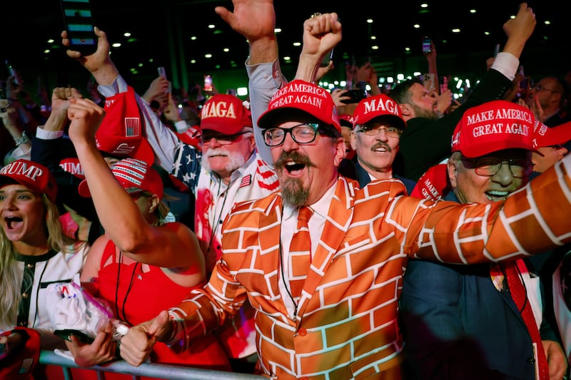 Trump supporters react as Fox News projects their candidate is elected president during an election night event at the Palm Beach Convention Center in West Palm Beach, Florida. Photograph: Chip Somodevilla/Getty Images