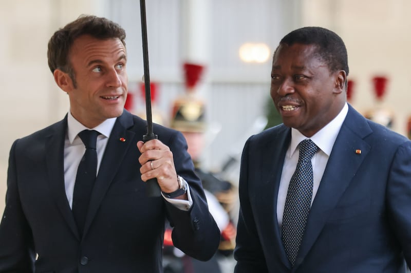 French President Emmanuel Macron receives his Togolese counterpart Faure Gnassingbé  at the Elysee Palace in Paris in May 2023. Photograph: Mohammed Badra/EPA