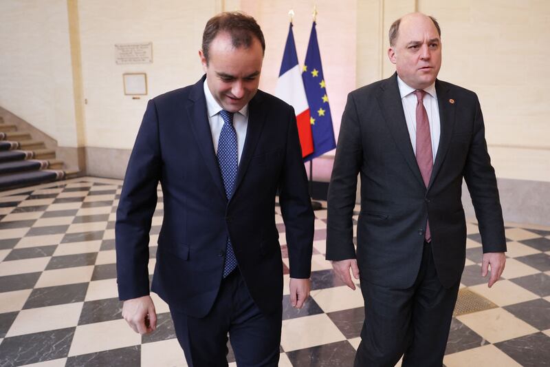 Defence ministers Sébastien Lecornu and Ben Wallace before a meeting which the Élysée described as “meticulously and systematically organised”. Photograph: Thomas Samson/AFP via Getty Images