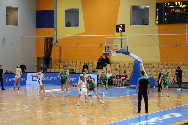 Ireland defend an Israeli attack during  the European Championship qualifying game in a largely deserted venue in Riga, Latvia. Photograph: Fiba