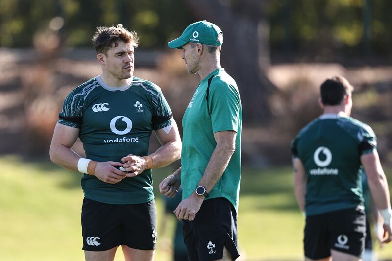 Ireland interim head coach Simon Easterby talks to Garry Ringrose during the Ireland training camp in Quinta do Lago, Portugal. Photograph: Ben Brady/Inpho 