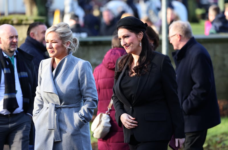 Michelle O Neill,  MLA First Minister and Emma Little-Pengelly,  MLA Deputy First Minster at the State funeral of former taoiseach, John Bruton at St. Peter and Paul’s Church, Dunboyne, Co Meath, 
Photograph: Dara Mac Dónaill / The Irish Times