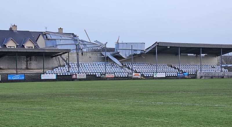 Major damage was caused to a stand at Kilmallock GAA Club during Storm Éowyn. Photograph: David Raleigh