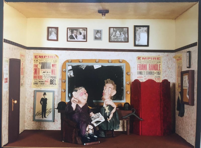 Stephen Dixon’s porcelain sculpture of Laurel and Hardy at the Liverpool Empire, 1952.