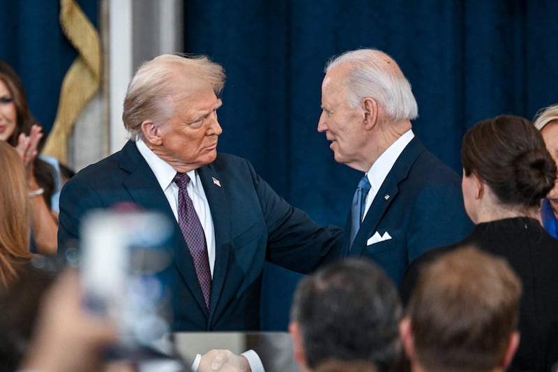 Donald Trump greets Joe Biden in the Rotunda of the US Capitol in Washington, DC. Photograph: Kenny Holston/New York Times