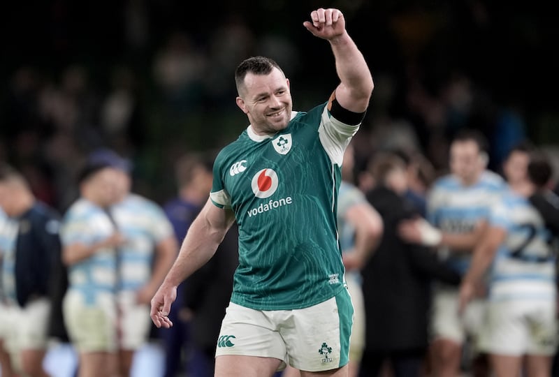 Ireland's Cian Healy celebrates at the final whistle after coming on to win his 133rd cap and equal Brian O'Driscoll's record. Photograph: Brian Lawless/PA Wire

