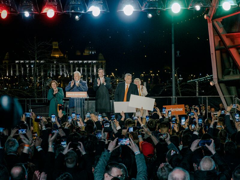 An election celebration for prime minister Viktor Orban (on the right wearing an orange tie) and his Fidesz party in Budapest last April. Photograph: Nanna Heitmann/The New York Times