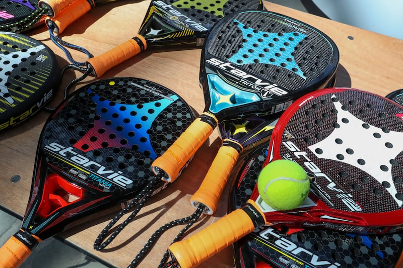 Padel rackets pictured during the Brussels Padel Open. Photograph: Nicolas Maeterlinck/Getty