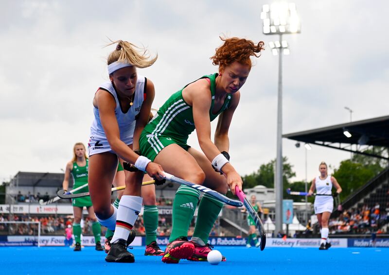 Germany’s Kira Horn and Sarah McAuley of Ireland. Photograph: Frank Uijlenbroek/Inpho