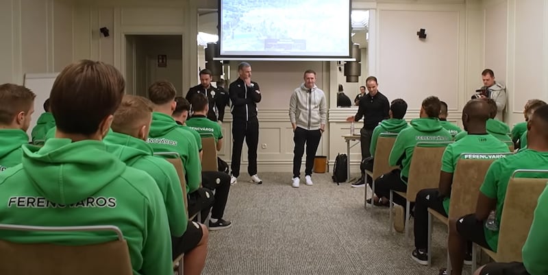 Robbie Keane meets the Ferencváros team for the first time in Spain earlier this week: 'We play with intensity, so be ready for it.'