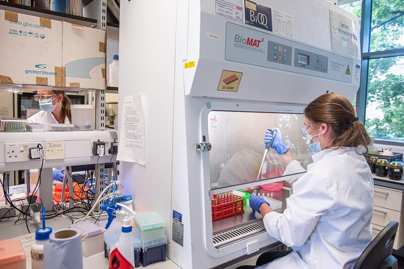 Employees processing serum at the laboratories of Oxford University to produce a coronavirus vaccine. The Oxford/AstraZeneca vaccine can be stored in a standard fridge. Photograph: EPA/OXFORD UNIVERSITY