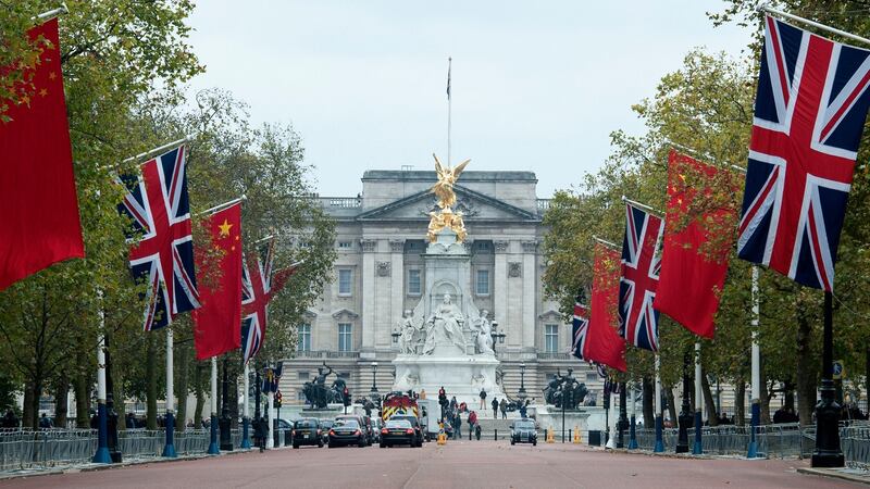 Chinese flags along The Mall in London, as preparations begin for the Chinese State visit next week.Photograph: PA