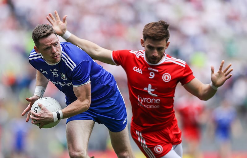 Monaghan’s Conor McManus with Padraig Hampsey of Tyrone in the All-Ireland Senior Championship semi-final in 2018. Photograph: Tommy Dickson/Inpho