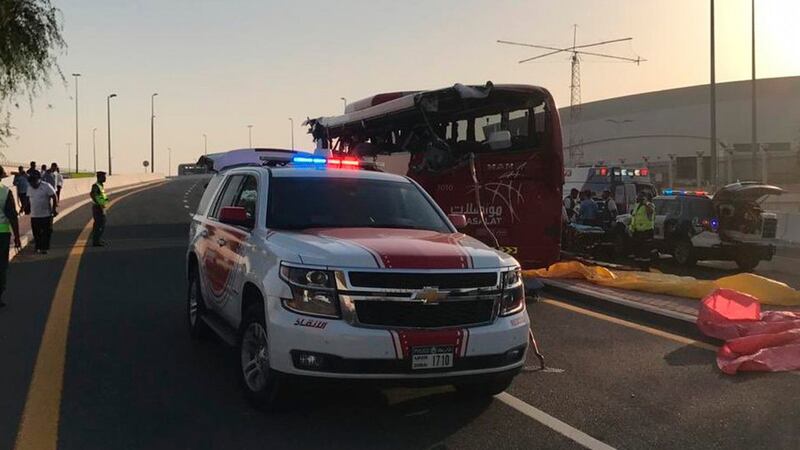 This image released by Dubai Police shows the aftermath of a bus crash on Friday  in Dubai, United Arab Emirates.. Photograph: Dubai Police HQ via AP