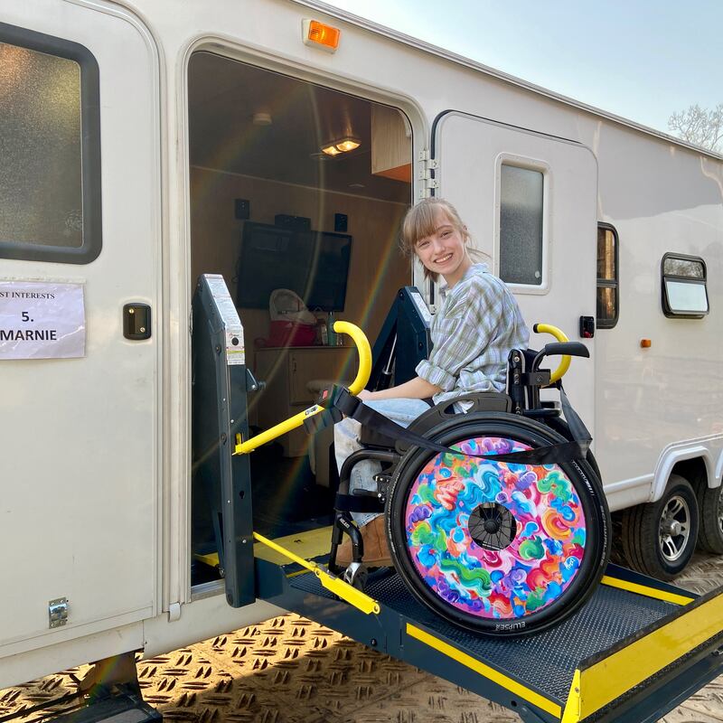 Niamh Moriarty and her wheelchair-accessible trailer on the set of Best Interests.