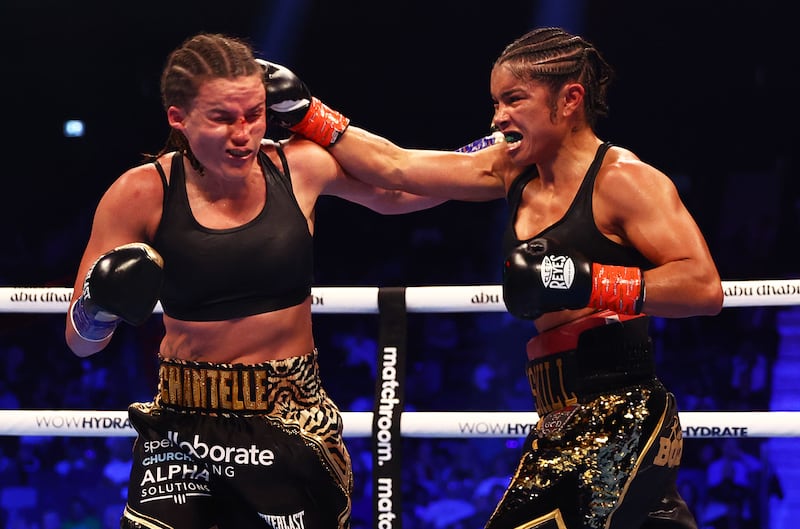 Chantelle Cameron (left) and Jessica McCaskill exchange punches during their title fight in Abu Dhabi last November. Photograph: Francois Nel/Getty Images