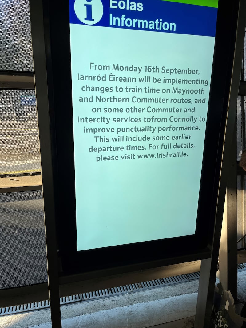 Notice at rail station in Dublin detailing amendments are to be made to Irish Rail timetables on commuter routes after earlier changes in August caused delays and frustration for passengers. Pic taken September 2024