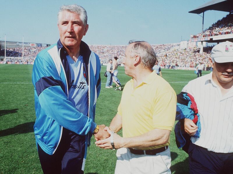 Dublin manager Paddy Cullen (left) and Meath manager Sean Boylan at the third replay of the counties' Leinster Championship first round fixture at Croke Park in 1991. Photograph: James Meehan/Inpho