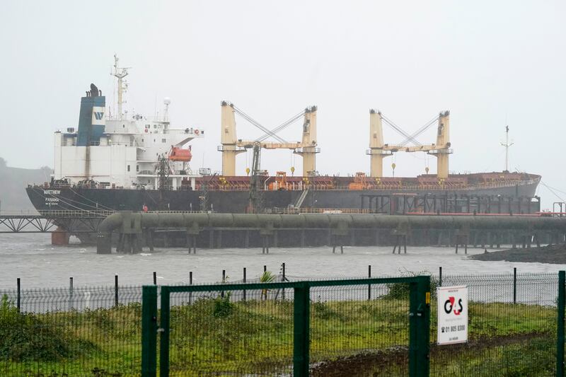 MV Matthew moored in Cork which is being searched after a "significant quantity" of suspected drugs were found onboard. Photograph:  Niall Carson/PA Wire