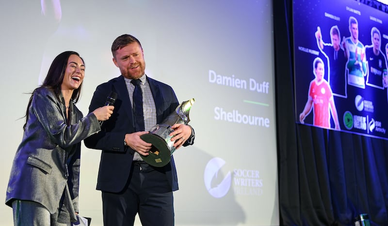 Shelbourne manager Damien Duff receives the 2024 Men's Personality of the Year Award at the SSE Airtricity/Soccer Writers Ireland Awards. Photograph: Stephen McCarthy/Sportsfile