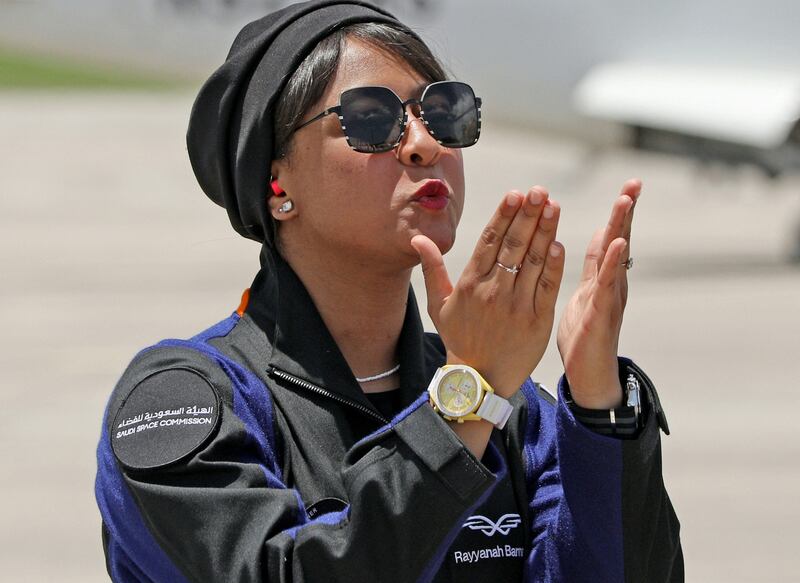 Rayyanah Barnawi blows kisses to family members upon her arrival at the Kennedy Space Center in Cape Canaveral, Florida, on Saturday, before blasting off as part of a private mission to the International Space Station. Photograph: Gregg Newton /AFP via Getty Images