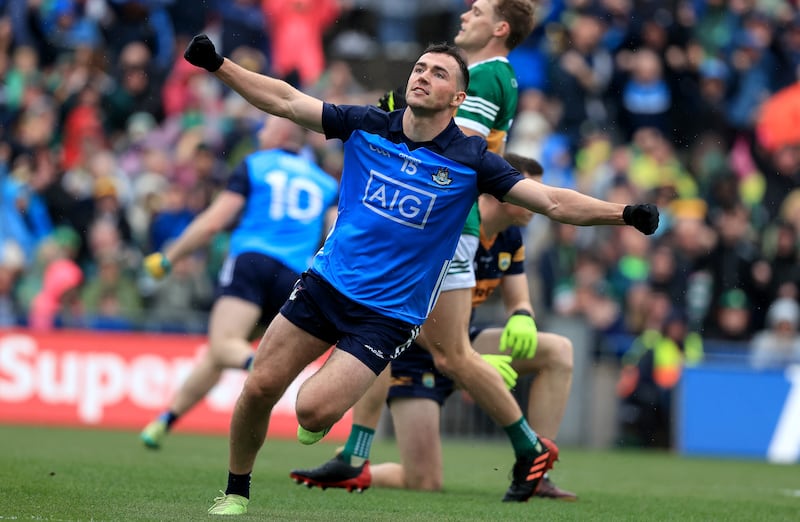 Dublin’s Colm Basquel celebrates Paddy Small’s goal after Basquel had initially made the crucial turnover. Photograph: Morgan Treacy/Inpho 