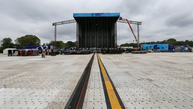 Workers prepare the auditorium for this week’s Ed Sheeran concerts in the Phoenix Park. Photograph: Colin Keegan/Collins Dublin